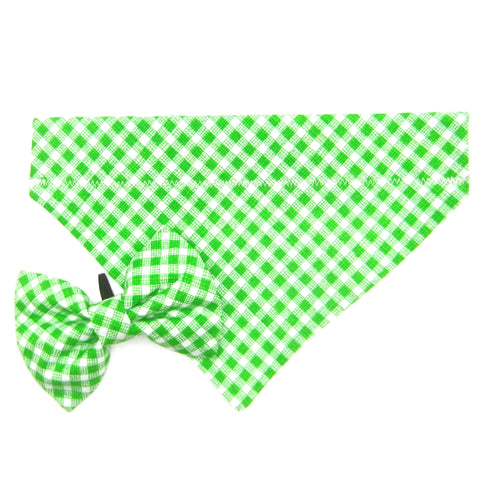 Green Sketch Bias Gingham Pet Bandana or Bow Tie-4 Sizes Fits Over Collar