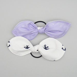 Set of 2 Bunny Ear Ponytail Holders Lavender & Navy Blue Anchors