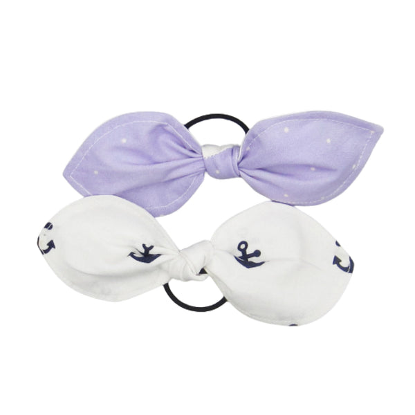 Set of 2 Bunny Ear Ponytail Holders Lavender & Navy Blue Anchors