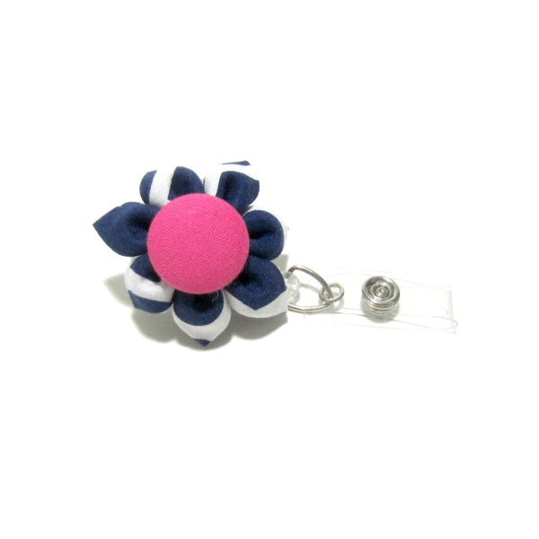 Navy Blue & Hot Pink Flower Retractable Badge Reel, ID Holder, Lanyard - Hold It!