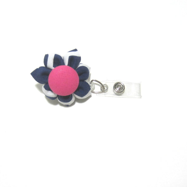 Navy Blue & Hot Pink Flower Retractable Badge Reel, ID Holder, Lanyard - Hold It!