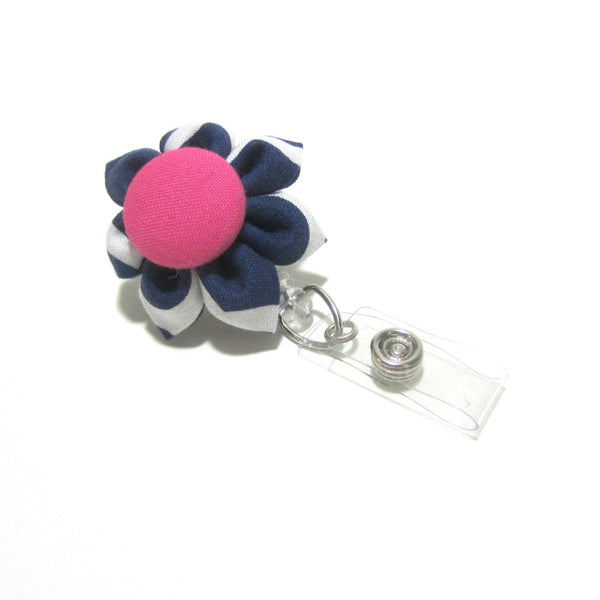Navy Blue & Hot Pink Flower Retractable Badge Reel, ID Holder, Lanyard - Hold It!