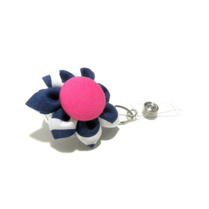 Navy Blue & Hot Pink Flower Retractable Badge Reel, ID Holder, Lanyard - Hold It!