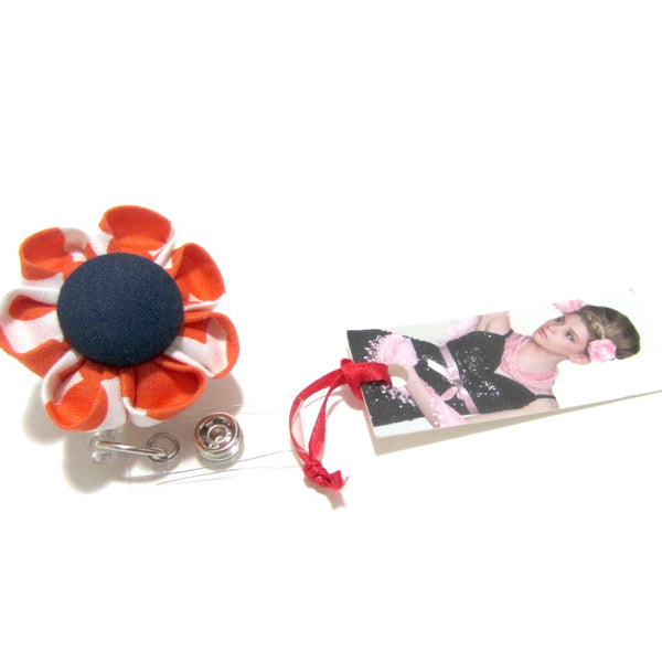Orange Quatrefoil & Navy Blue Flower Retractable Badge Reel, ID Holder, Lanyard - Hold It!