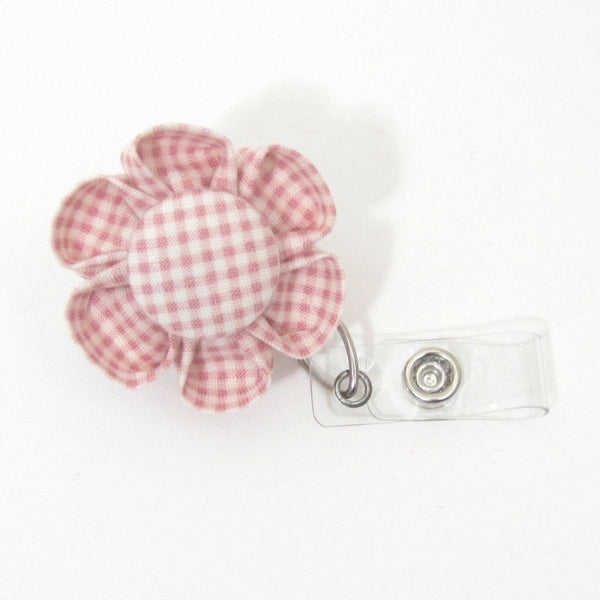 Pink Plaid Flower Retractable Badge Reel, ID Holder, Lanyard - Hold It!