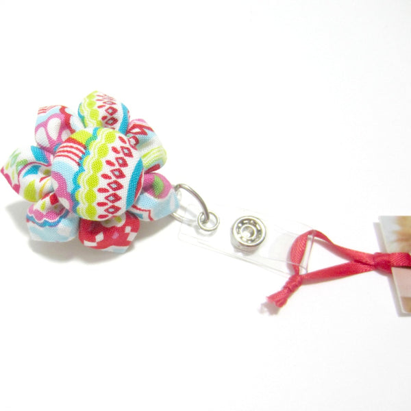 Turquoise, Yellow, Hot Pink  Flower Retractable Badge Reel, ID Holder, Lanyard - Hold It!