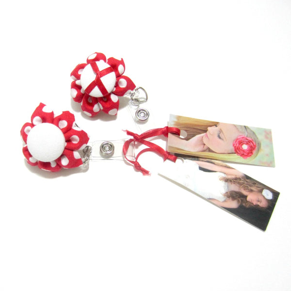 Red & White Polka Dot Flower Retractable Badge Reel, ID Holder, Lanyard - Hold It!