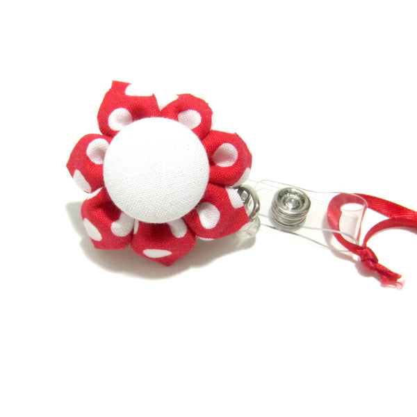 Red & White Polka Dot Flower Retractable Badge Reel, ID Holder, Lanyard - Hold It!