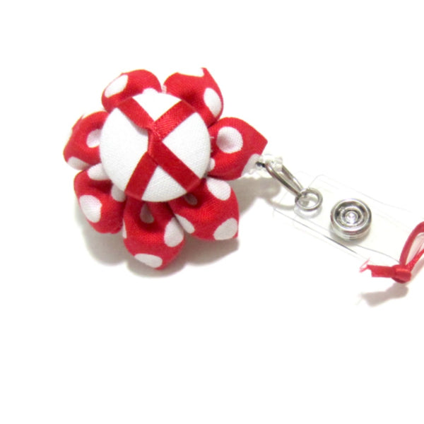 Red & White Polka Dot Flower Retractable Badge Reel, ID Holder, Lanyard - Hold It!