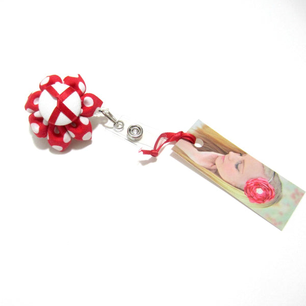 Red & White Polka Dot Flower Retractable Badge Reel, ID Holder, Lanyard - Hold It!
