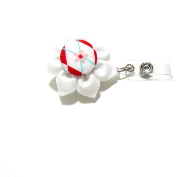 White & Red Argyle Flower Retractable Badge Reel, ID Holder, Lanyard - Hold It!
