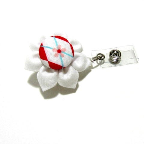 White & Red Argyle Flower Retractable Badge Reel, ID Holder, Lanyard - Hold It!