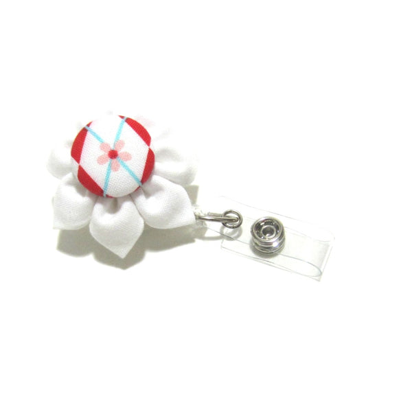 White & Red Argyle Flower Retractable Badge Reel, ID Holder, Lanyard - Hold It!